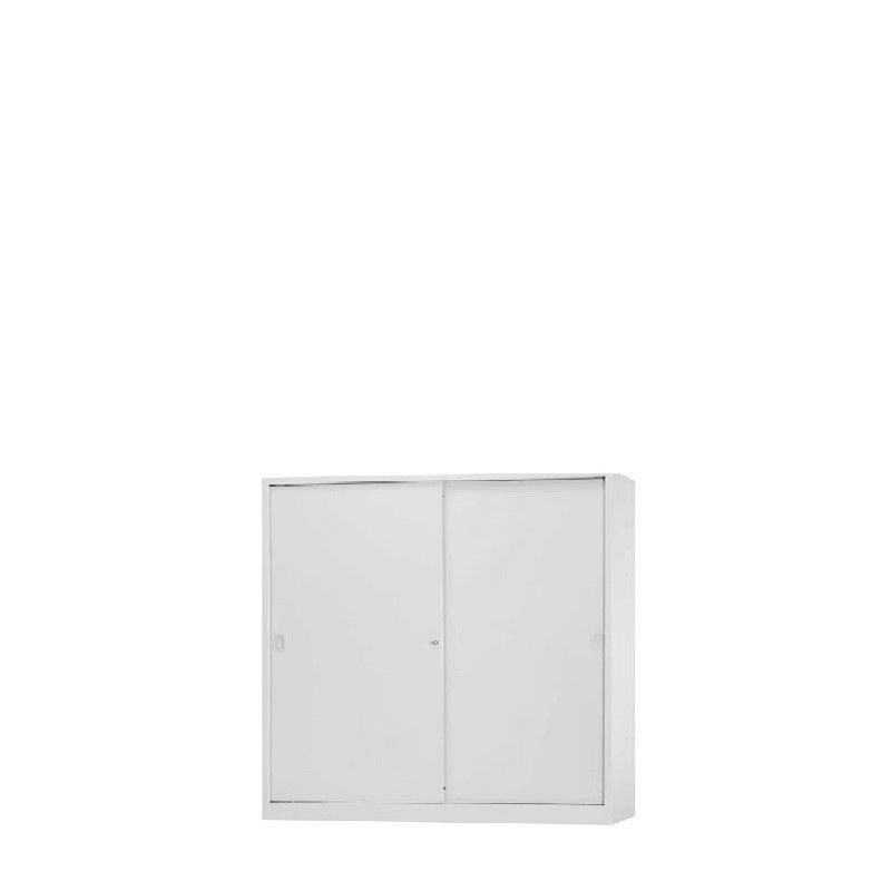 Armario de metal pequeño con cerradura y puertas correderas color gris